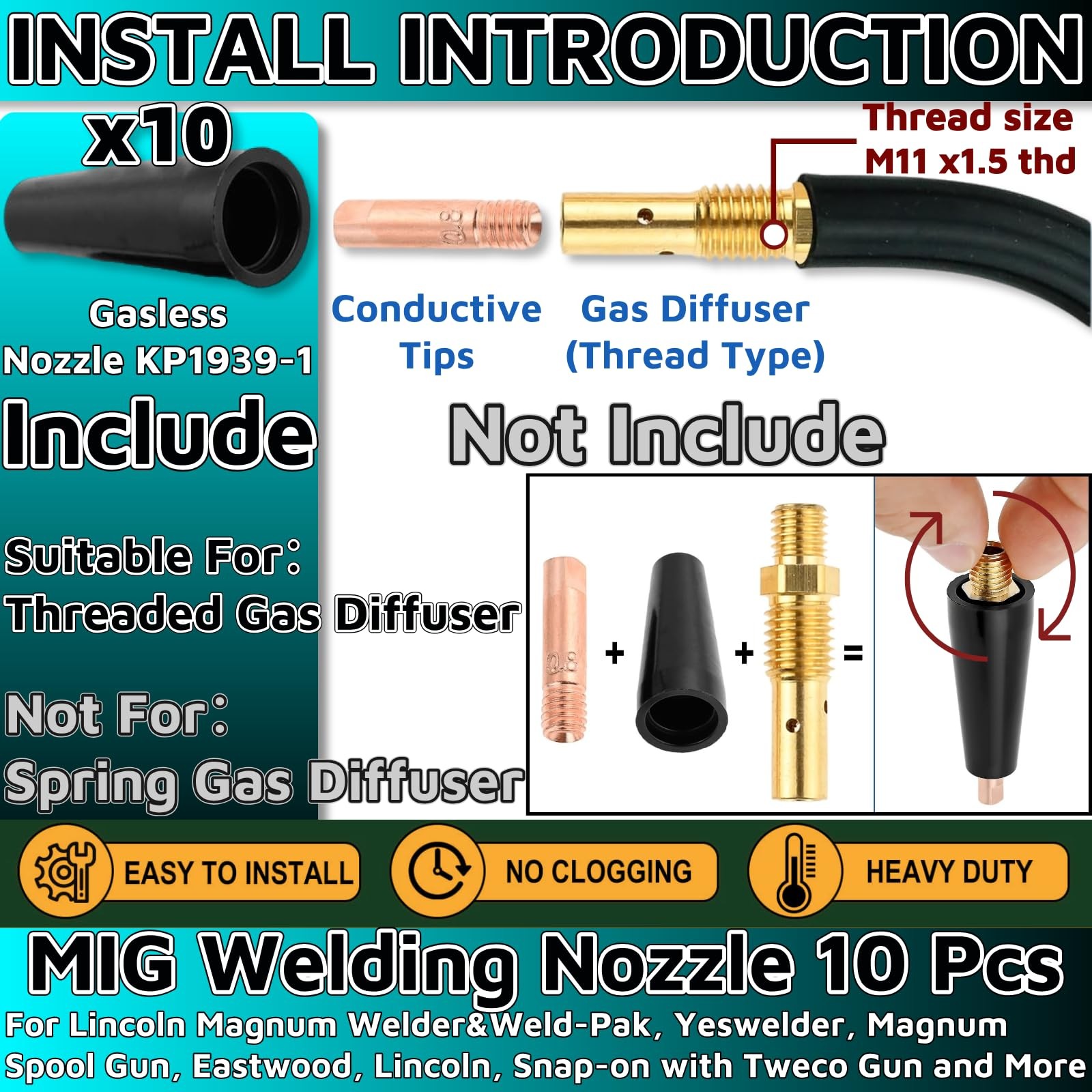 10pcs MIG Welding Flux Core Gasless Nozzle，Welding Tools With Threads Type