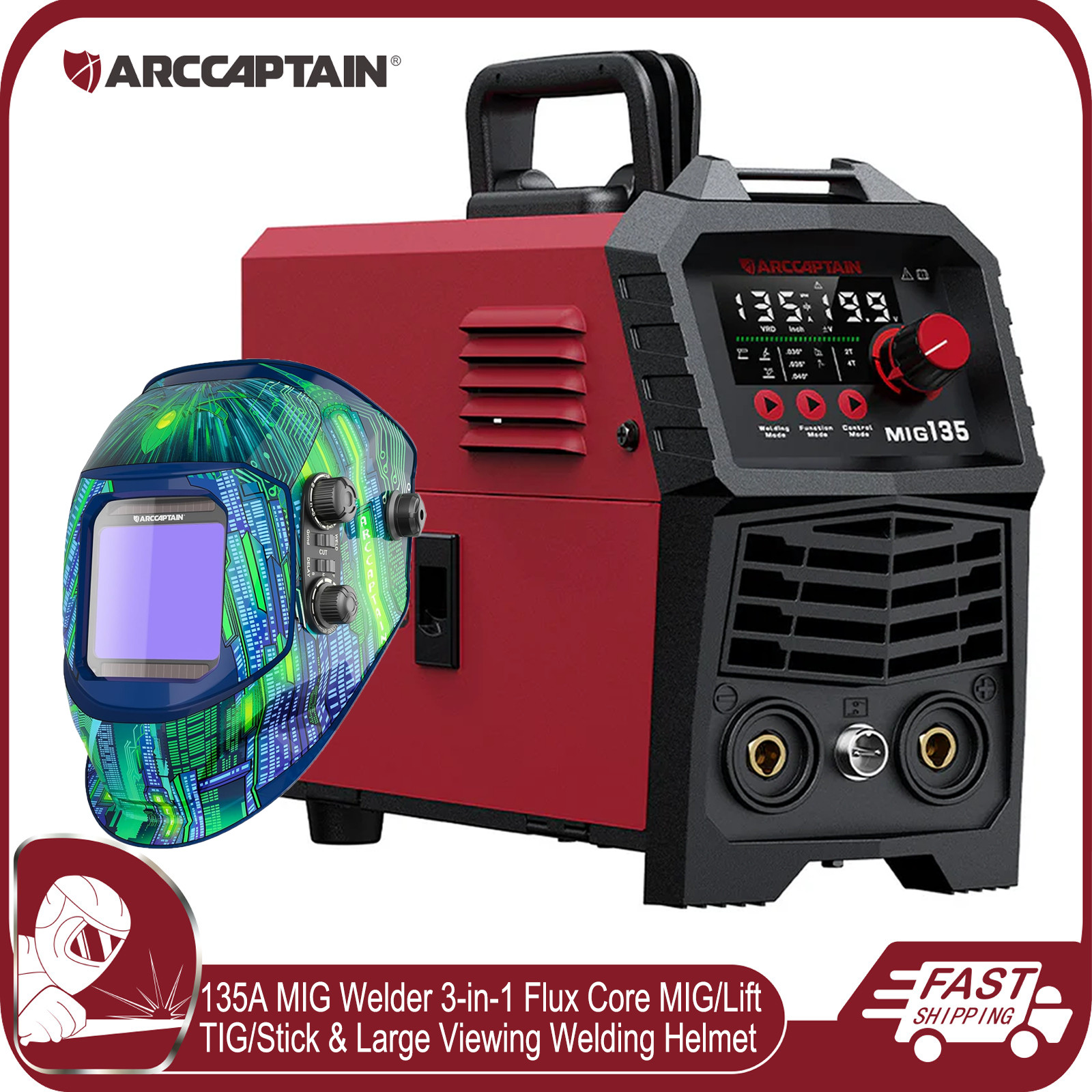 ARCCAPTAIN MIG Welder 135A Flux Core MIG/Lift TIG/Stick 3 in 1 & Welding Helmet