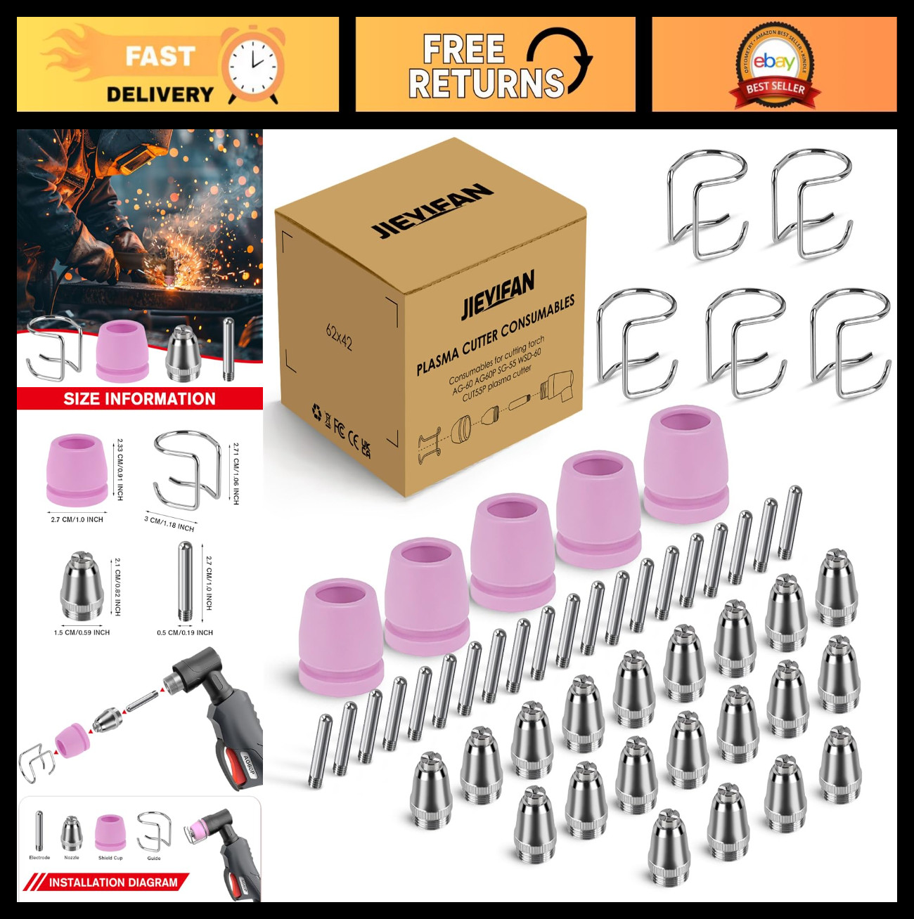 50-Piece Plasma Cutter Consumables Kit – Tips & Nozzles for AG60, WSD60, CUT55P
