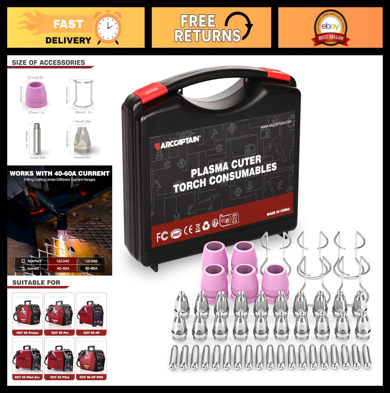 Plasma Cutter Torch Consumables 50Pcs .040” SG-55 AG-60 WSD-60 Accessories for