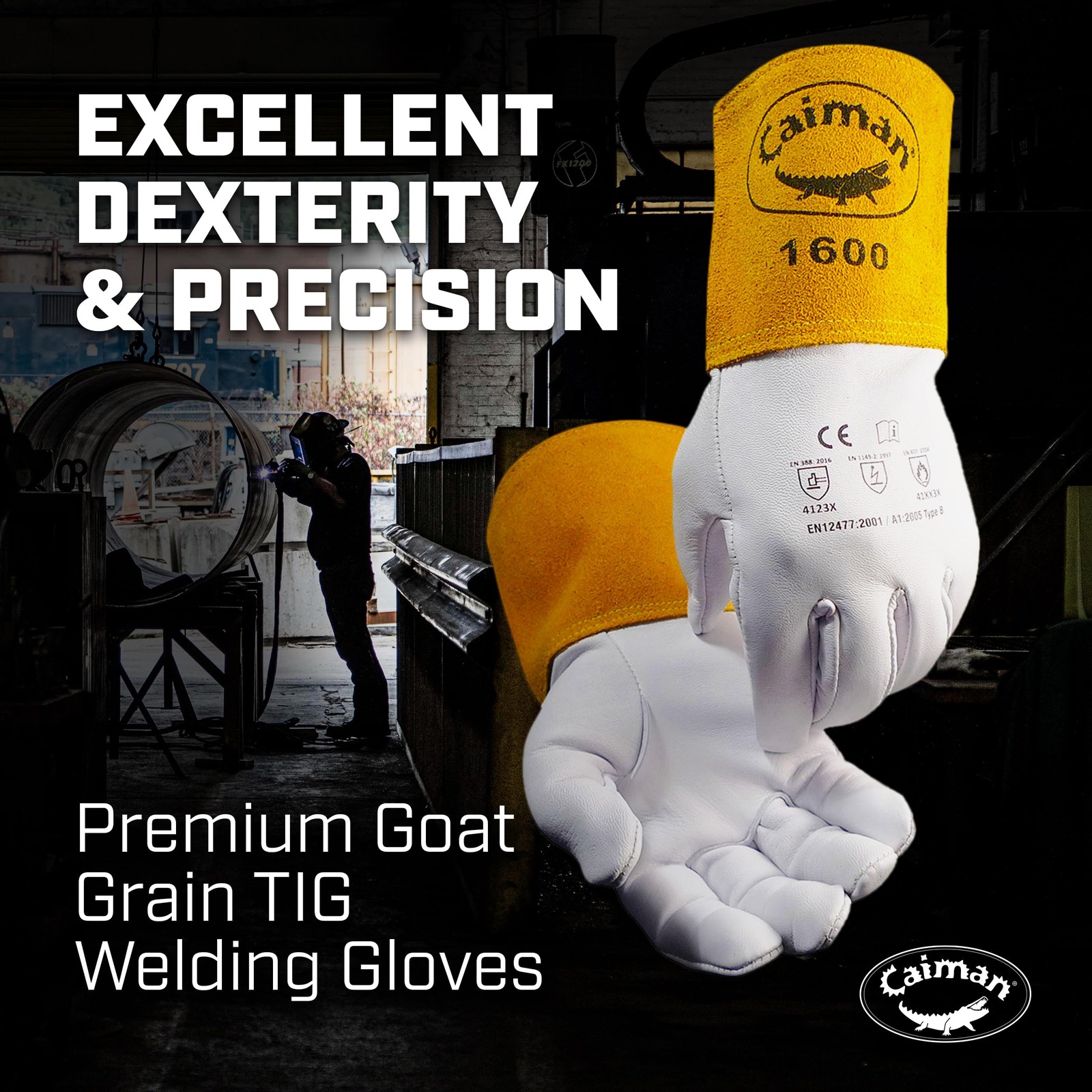 Premium Goat Grain TIG Welding Gloves, 4-Inch Gold Extended Cuff, Unlined, Wh…