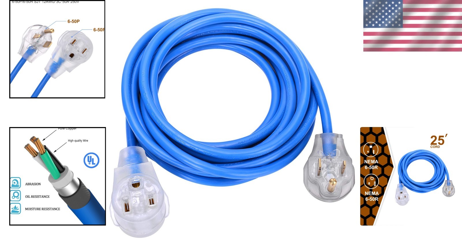Welder Extension Cord 25ft 6-50 Nema R Plug Approved