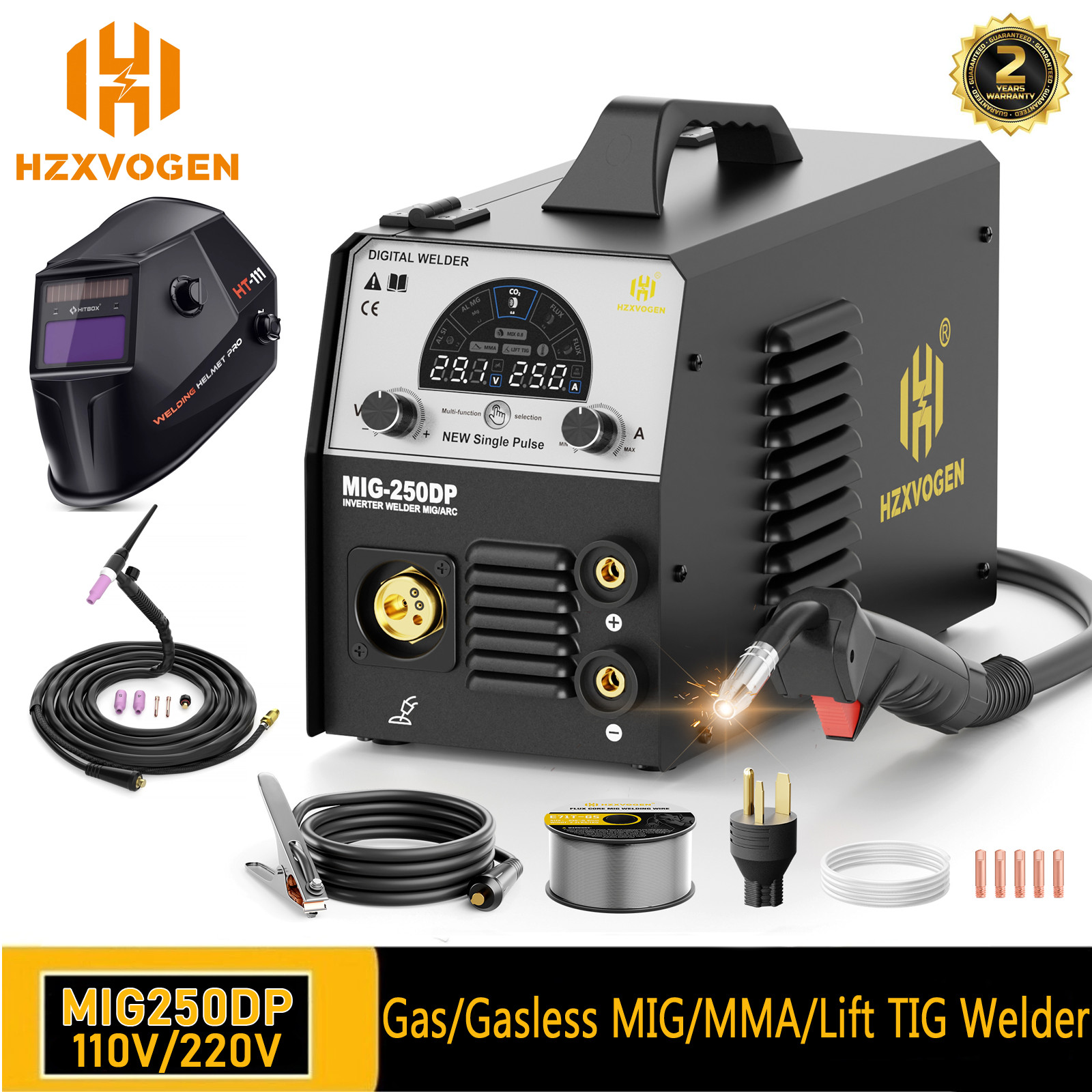250A 5in1 PULSE MIG Welder Stick//Gasless MIG/Gas MIG/Lift TIG Welder,110V/220V