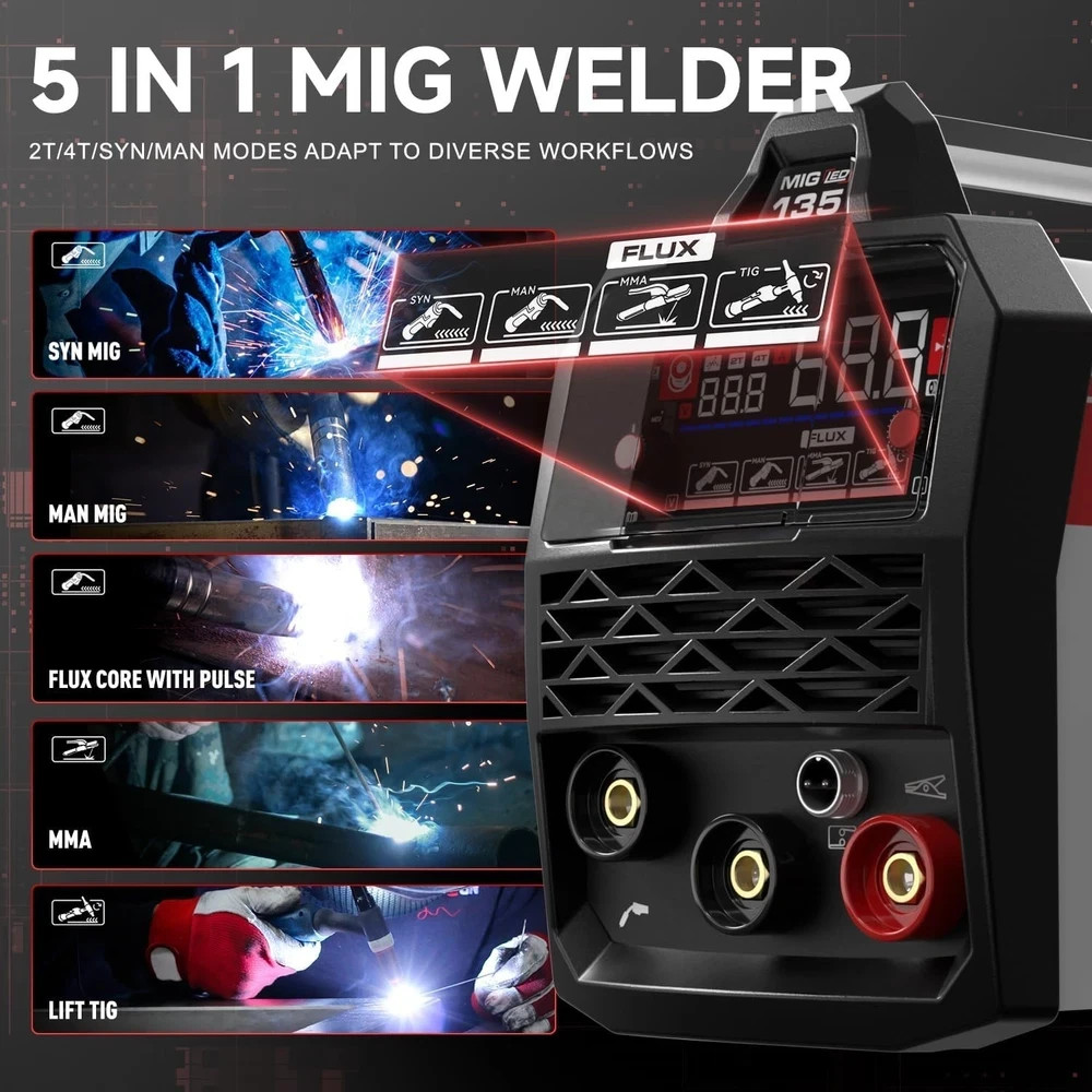 ANDELI 135A MIG Welder 110V/220V, PULSE Flux Core MIG/Lift Tig/Stick 3-in-1 Gasl