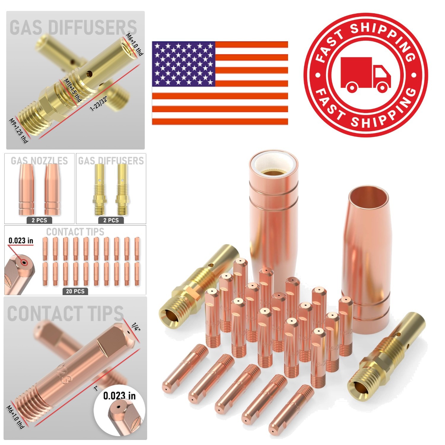 MIG Welding Gun Kit with .023 Inch Contact Tips and Nozzles for Professional Use