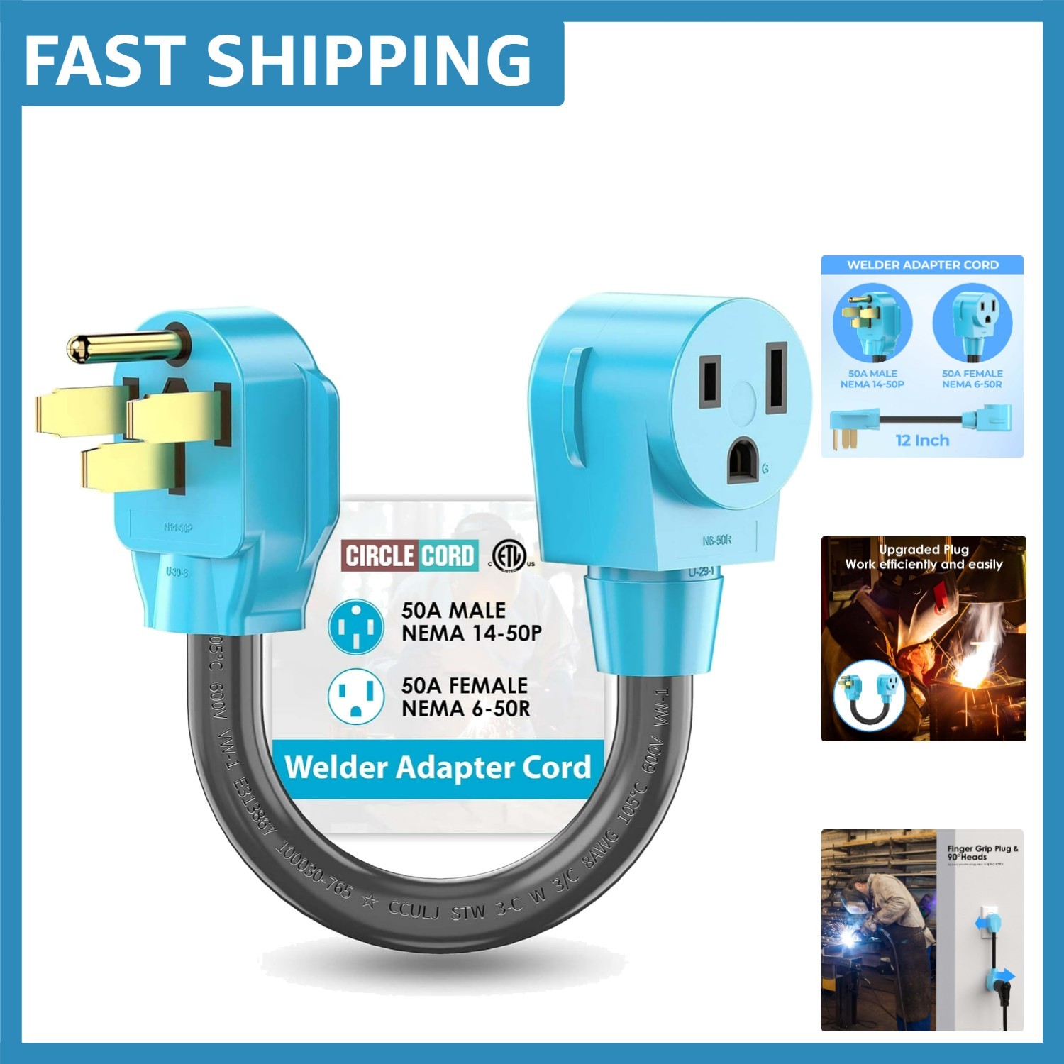 50 Amp NEMA 14-50P to 6-50R Welder Adapter Cord, Heavy Duty 12 Inch Power Plug