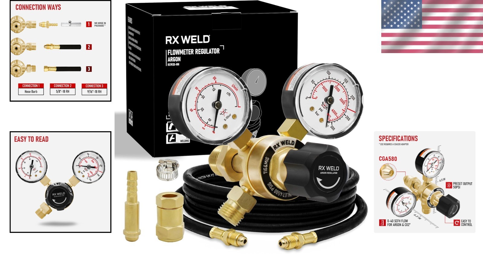 High-Performance Argon Regulator, 0-40 CFH, 6.6FT Hose