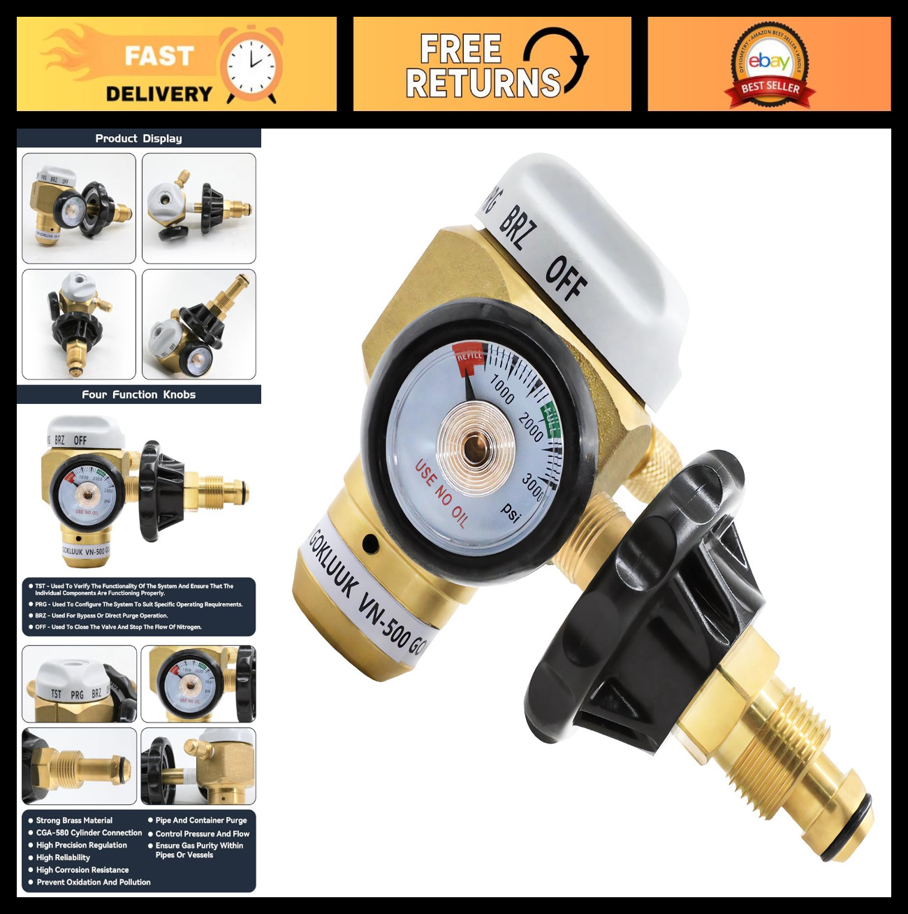 Nitrogen Purge Control Valve Regulator & Flow Meter – 500psi Leak Testing Tool