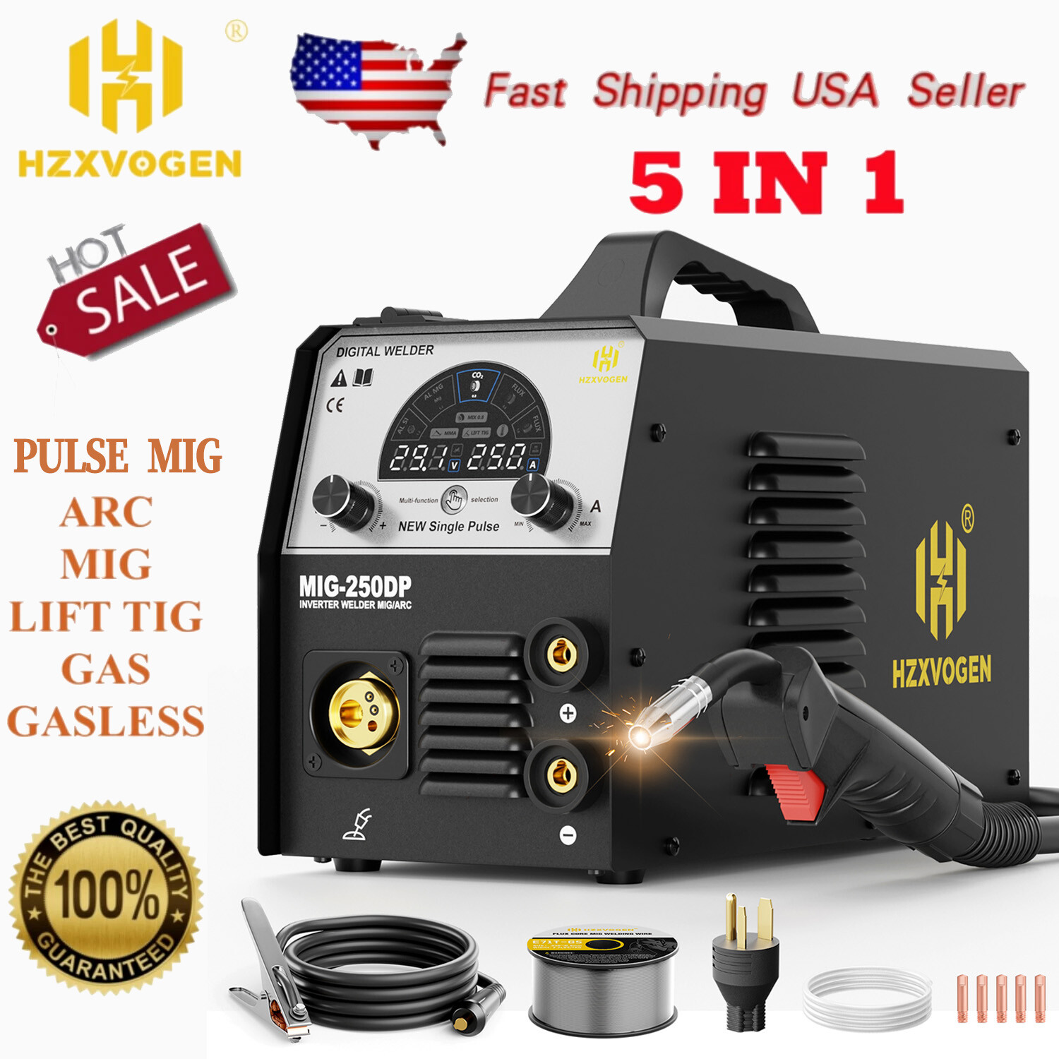 250A 5in1 PULSE MIG Welder Stick//Gasless MIG/Gas MIG/Lift TIG Welder,110V/220V