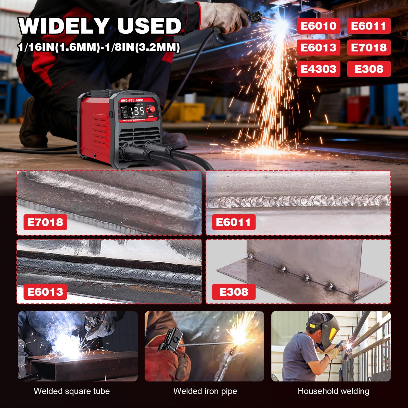 RCJNPX 110V 2-in-1 Stick Welder & Lift TIG,Portable Welding ARC 135, Red