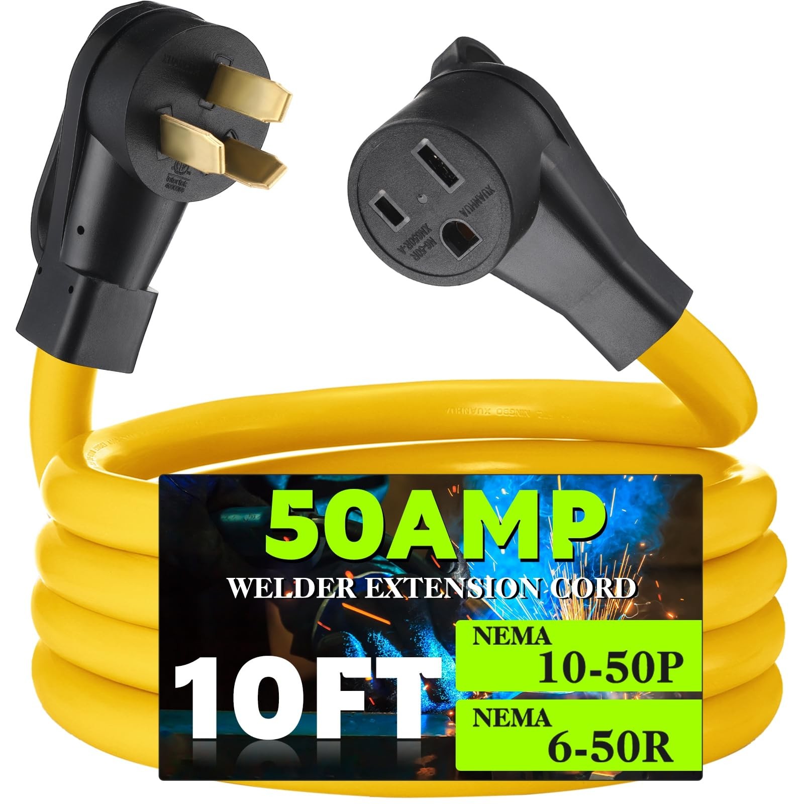 Tellegloww 10FT NEMA 10-50P to 6-50R Welder Adapter Cord, 50 Amp 3 Prong 10-50P