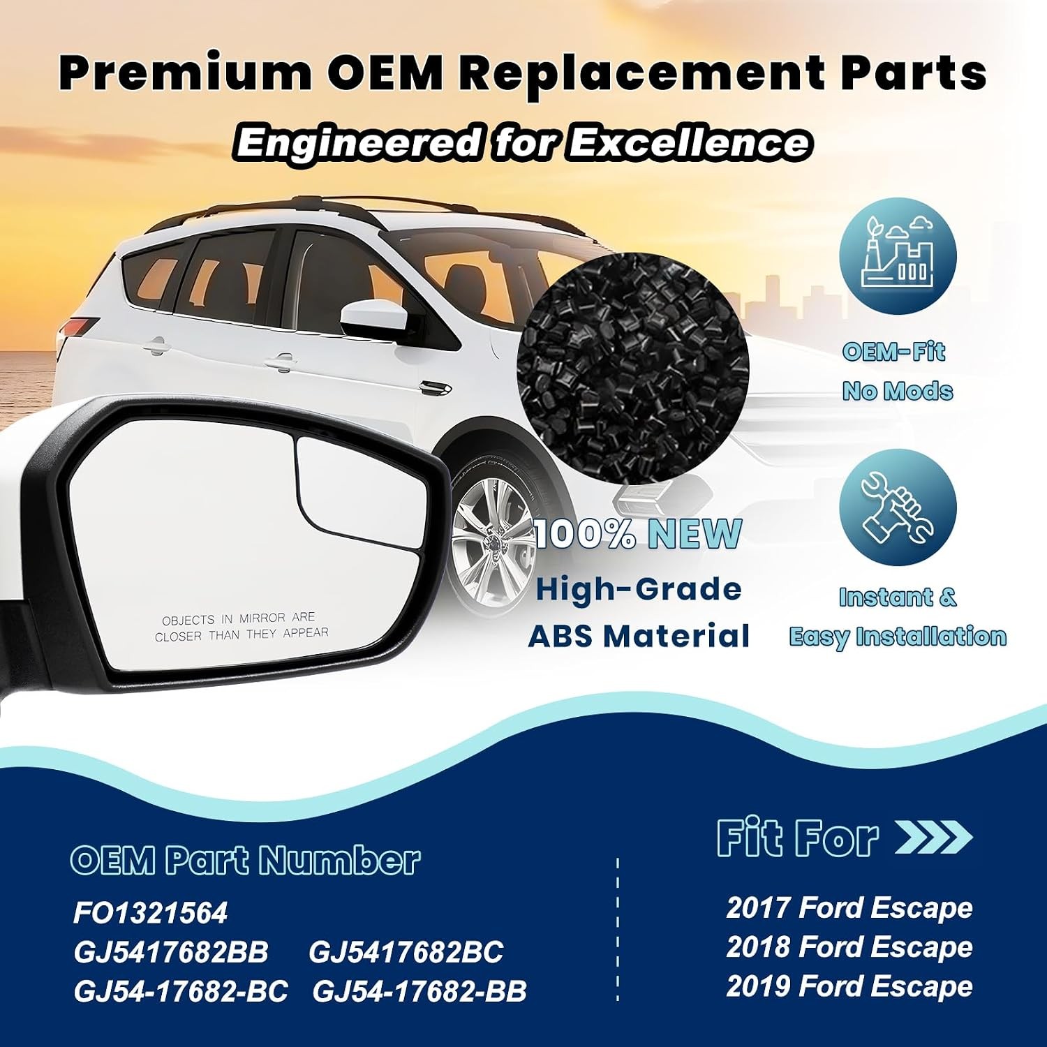 Right Passenger Side Mirror Assembly Replacement Fit for 2017 2018 2019 Ford Esc
