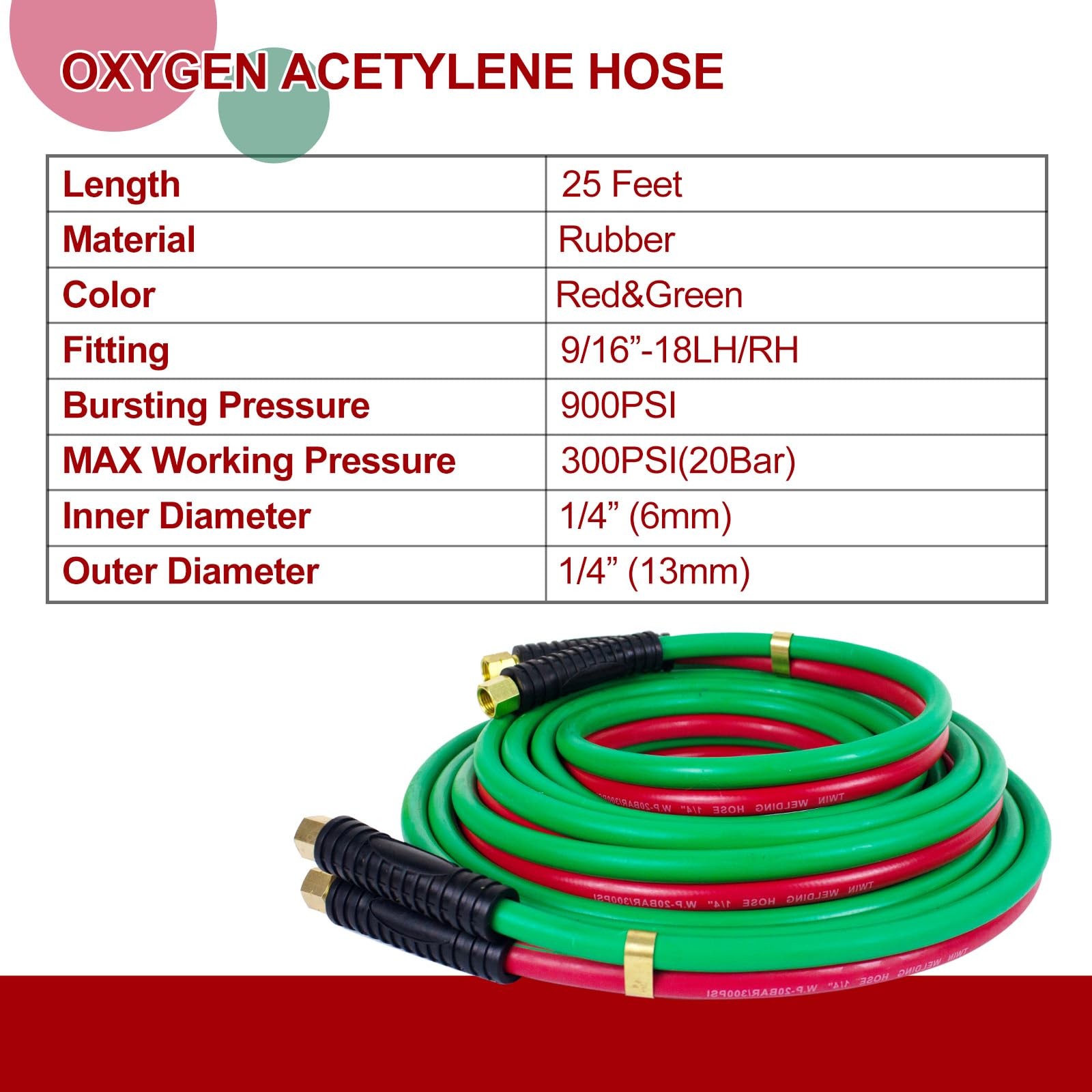 Oxygen Acetylene Twin Welding Hose 1/4-Inch × 25 Feet with 9/16”-18 B fittings,R