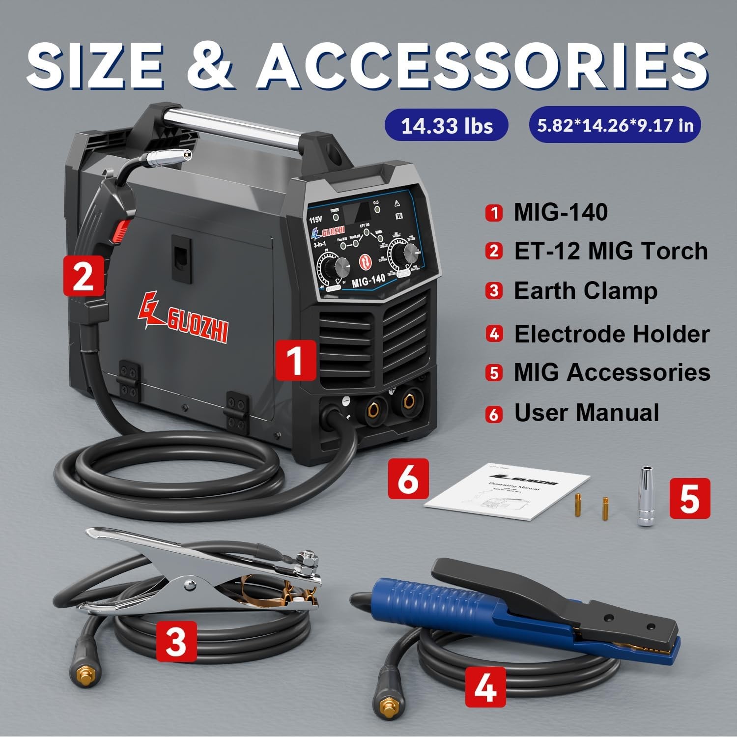 140A MIG Welder, 3 in 1 Welder FLUX Mig/Arc/Lift TIG Multi-Process Mig Welder, 1