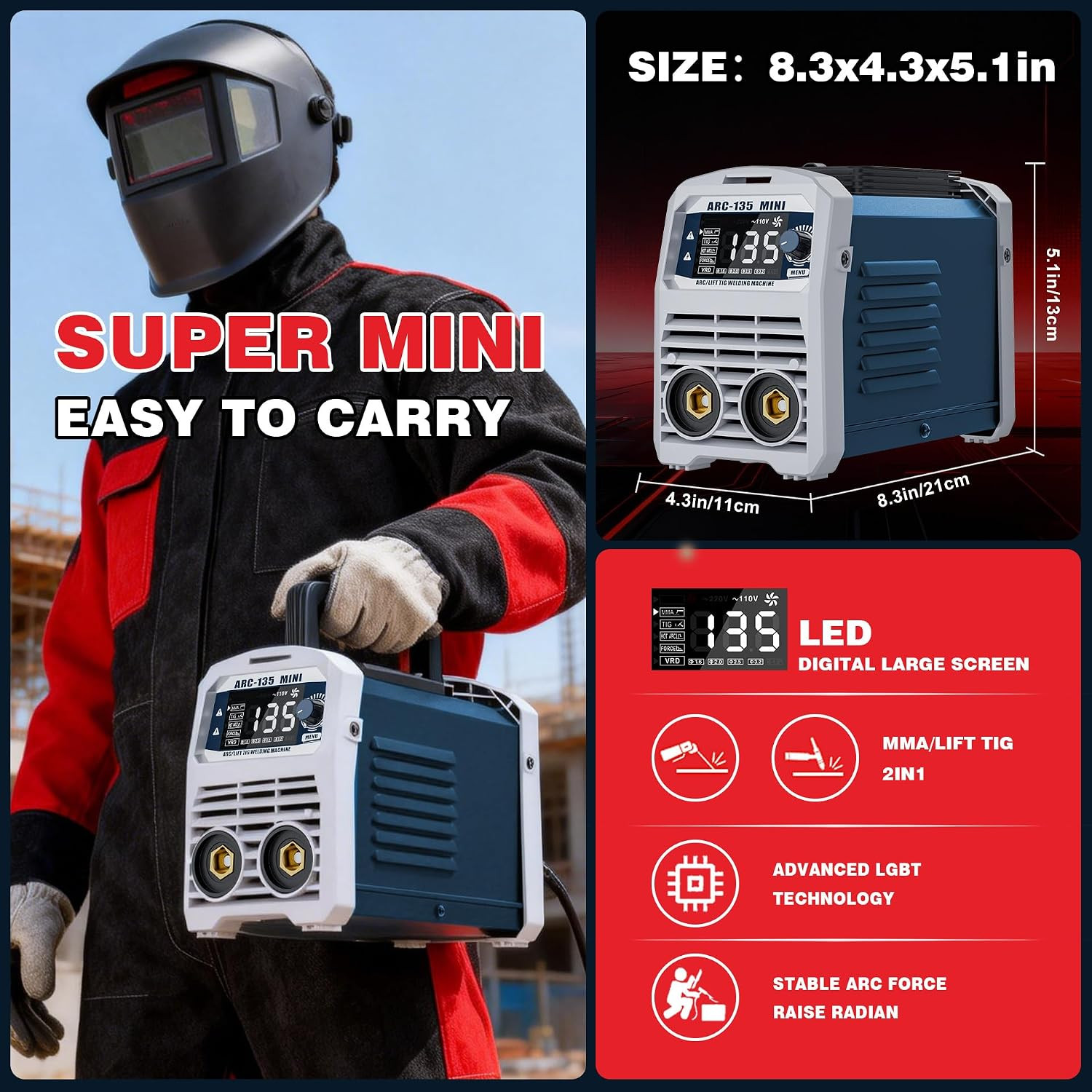 135A 110V Mini Stick Welder & Lift TIG 2-In-1 Portable Welding Machine | IGBT In