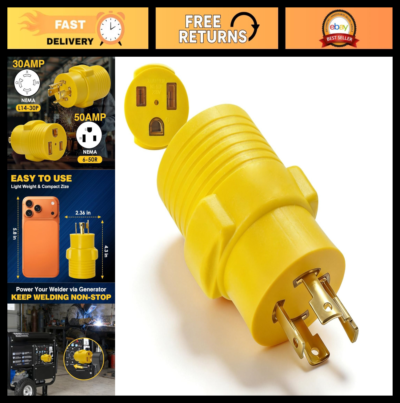 240V 50A to 30A Welder Adapter, NEMA L14-30P to 6-50R, 4-Prong Twist-Lock Plug