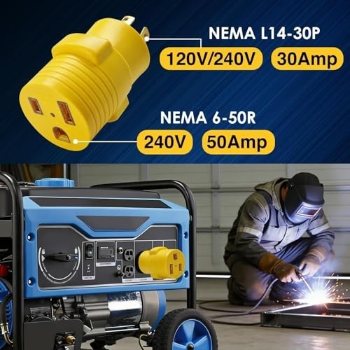 240V 50A to 30A Welder Adapter, NEMA L14-30P to 6-50R, 4-Prong Twist-Lock Plug