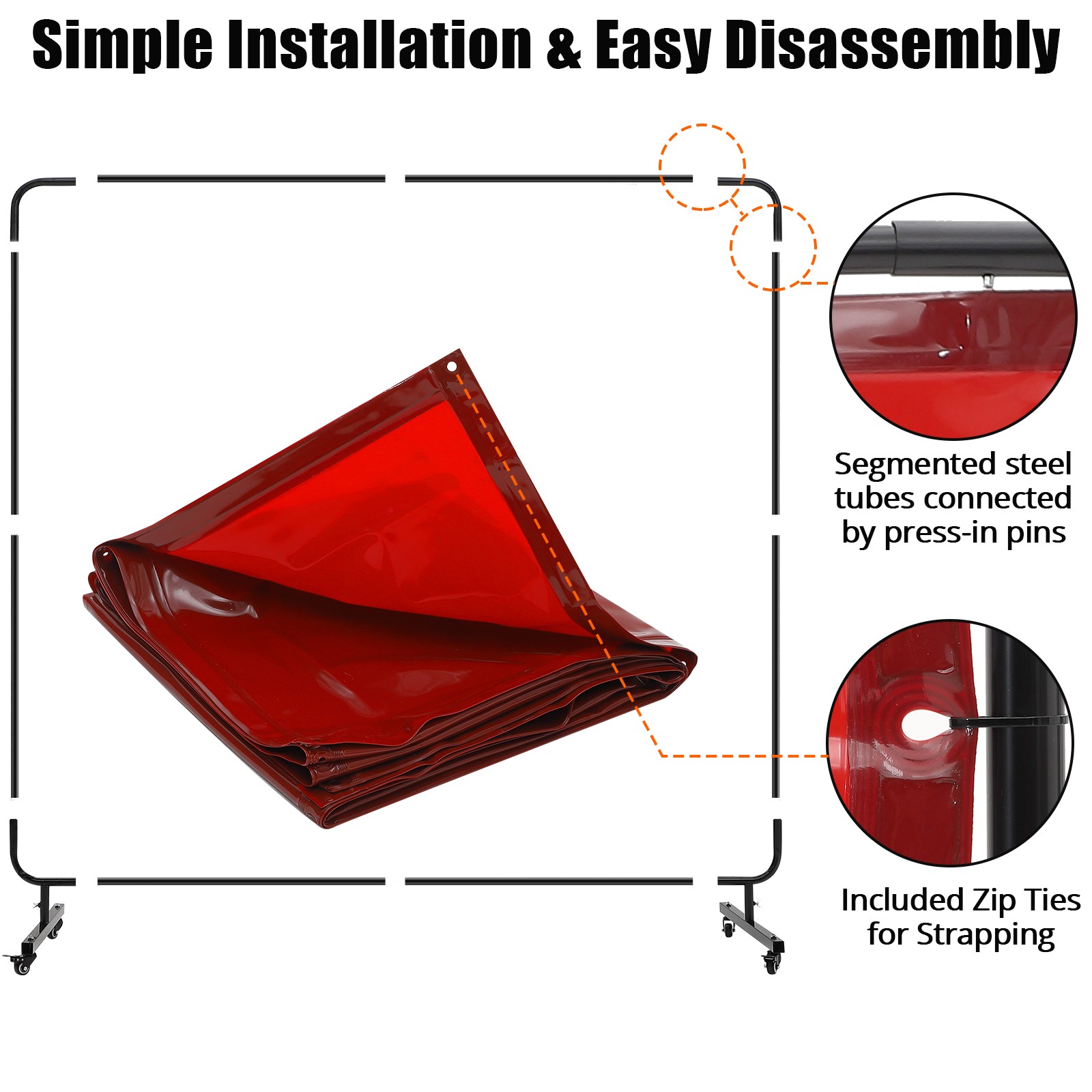 Red Welding Screen with Frame 6/8 FT Flame Resistant Curtain on Wheels for Shop