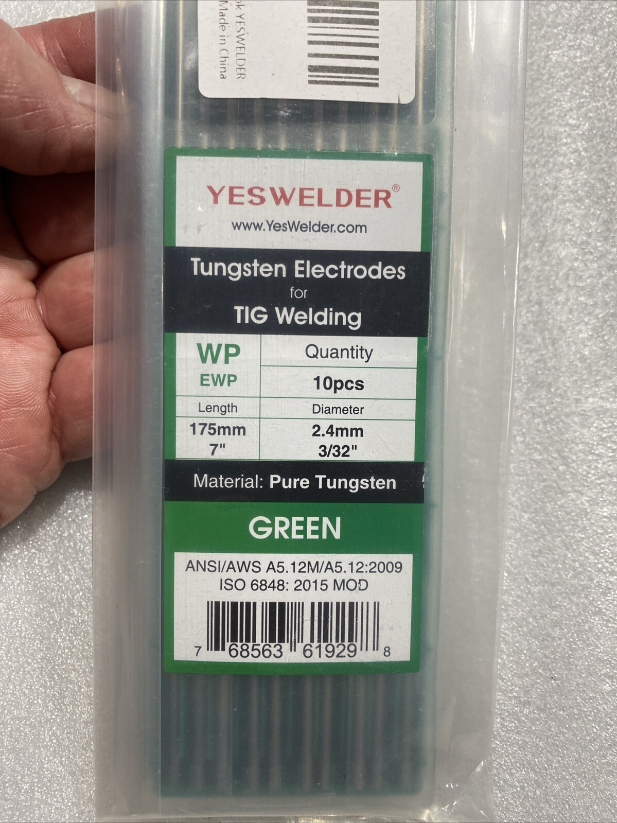TIG Welding Tungsten Electrode Pure Tungsten 3/32 x 7” Green, EWP 10-pk YESWELD