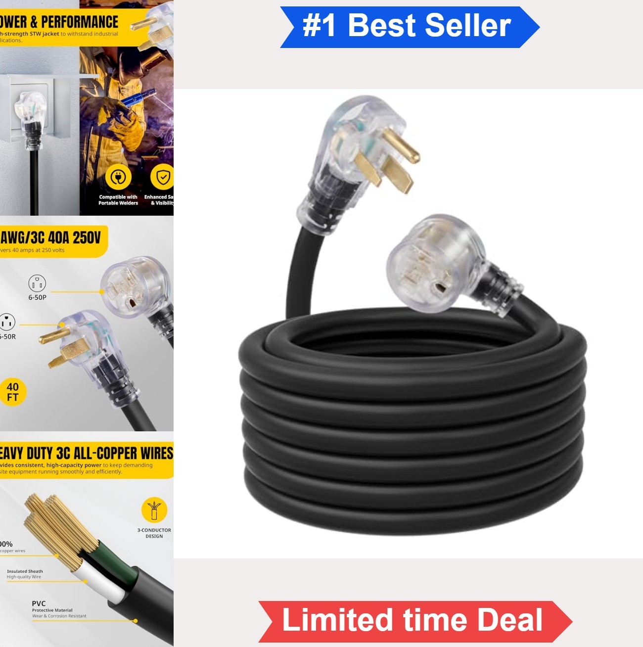 Welding Extension Cord 40 Foot 8 AWG 3C 50 Amp 250 Volt NEMA 6-50 Plug Lighted