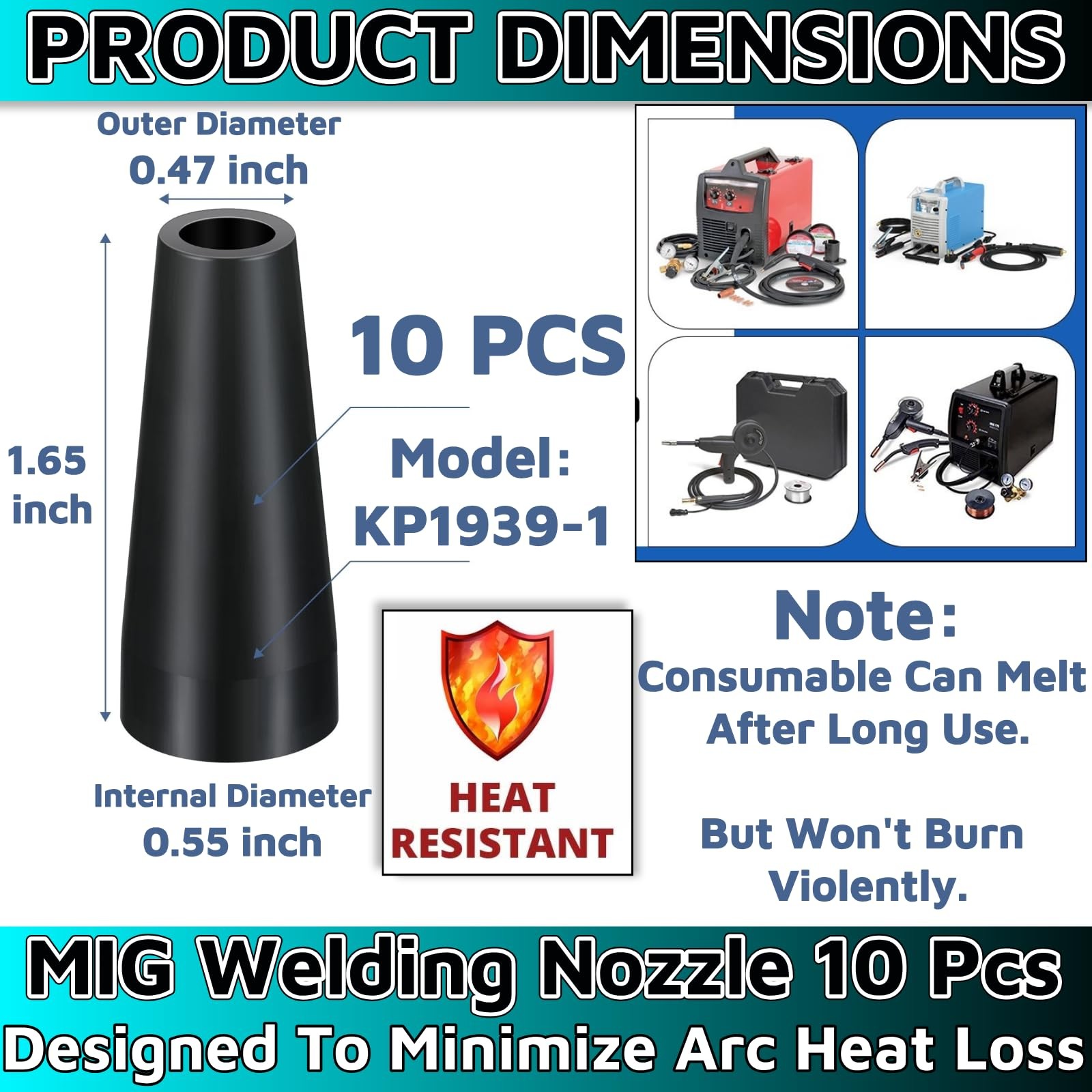 10pcs MIG Welding Flux Core Gasless Nozzle，Welding Tools With Threads Type