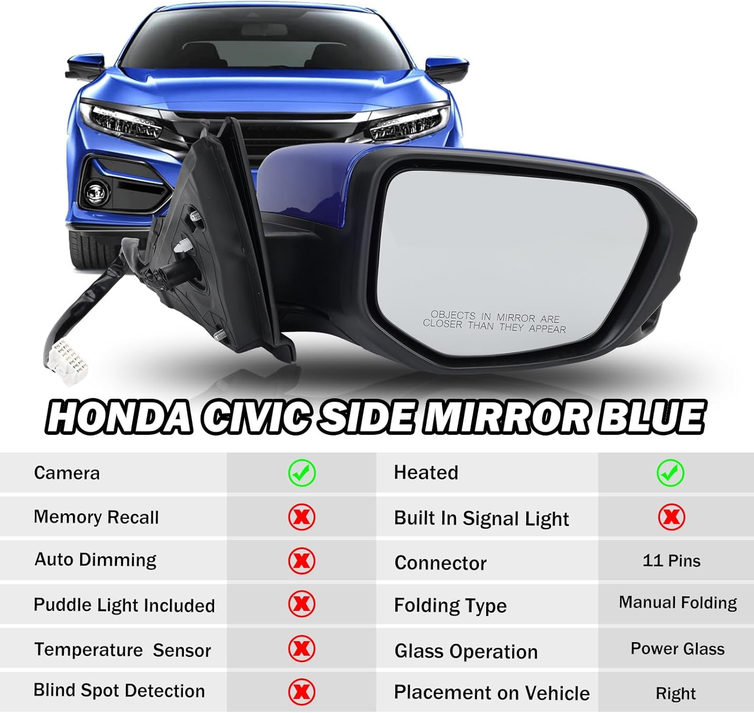 Passenger Side Mirror Compatible with 2016 2017 2018 2019 2020 2021 Honda Civic