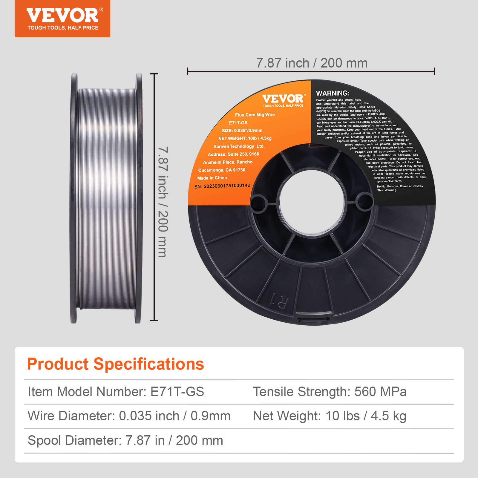 VEVOR Flux Core MIG Welding Wire E71T-GS 0.035″ 10LB Gasless Mild Steel MIG Wire