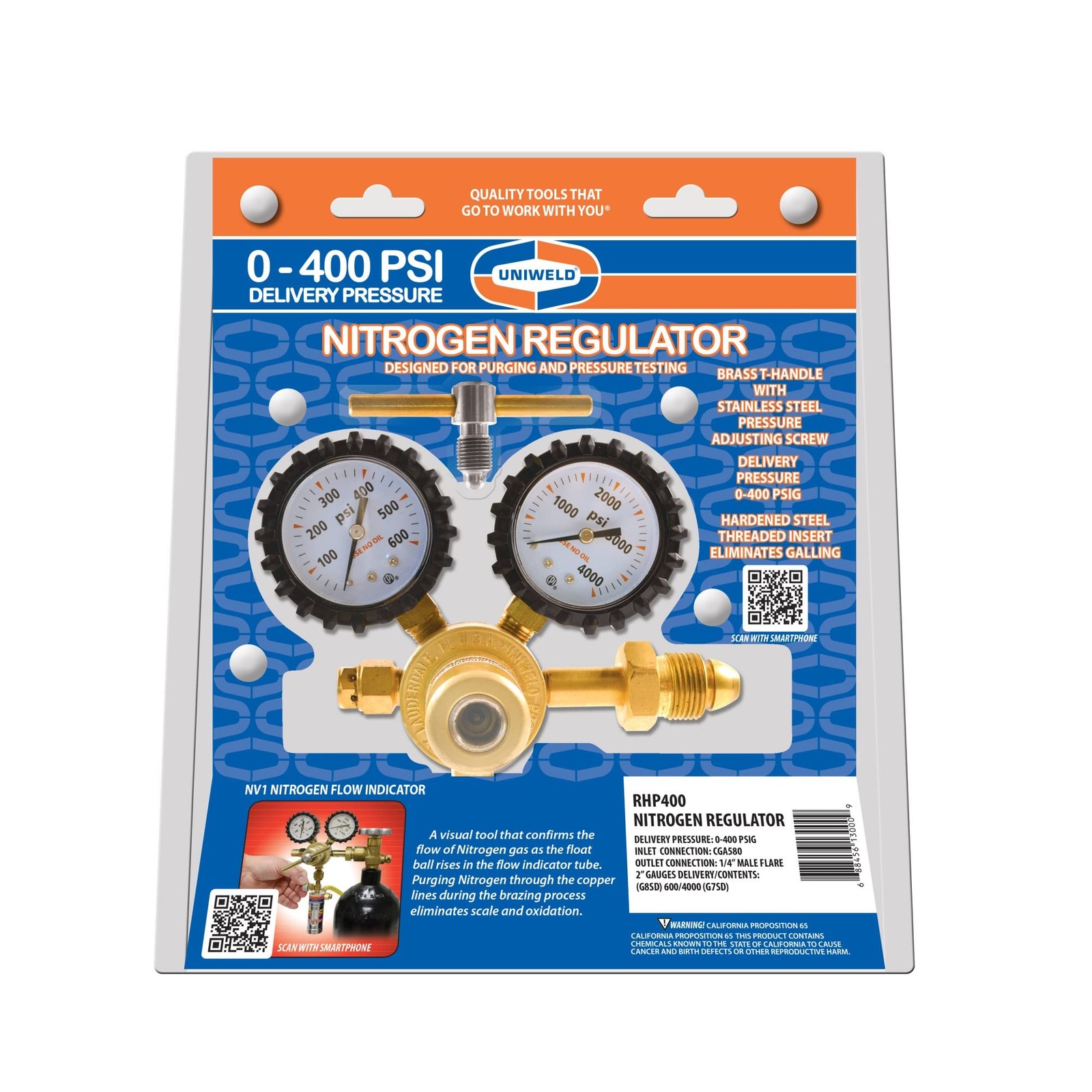 Uniweld RHP400 Nitrogen Regulator with 0-400 PSI Delivery Pressure, CGA580 In…