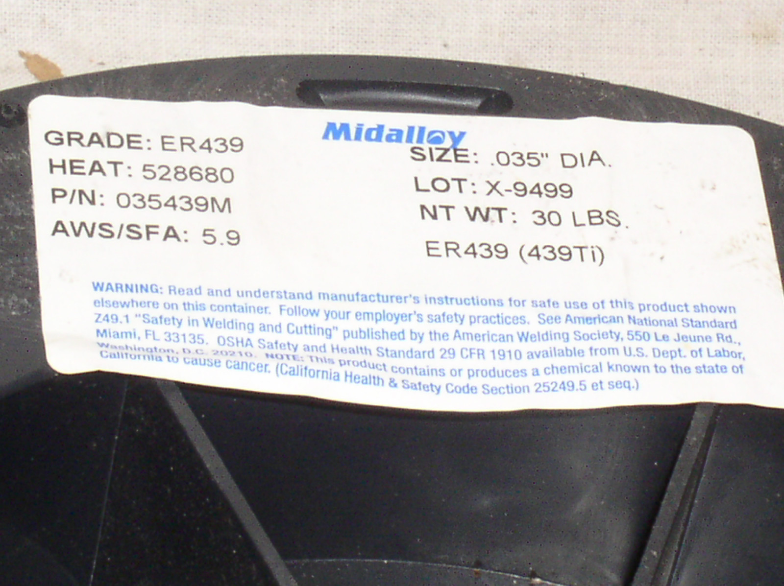 MIDALLOY MIG ER439 .035 .9MM 30 LB A5.9 SPOOL 035439M SS STAINLESS WELDING WIRE