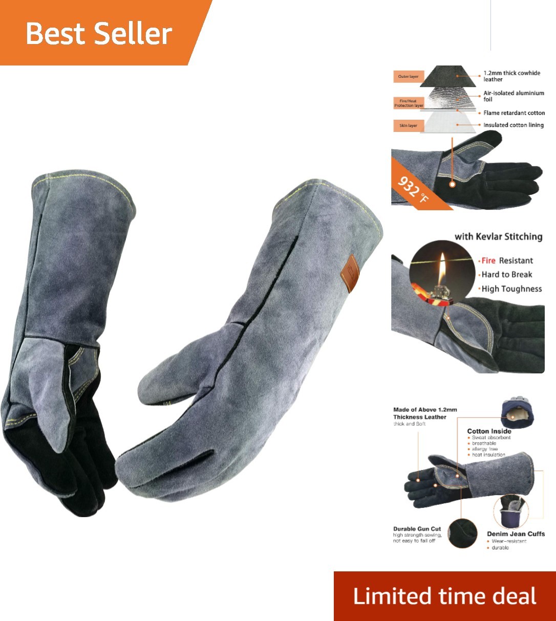 Durable 932°F Heat Resistant Leather Gloves – Versatile for BBQ, Grill & Welding