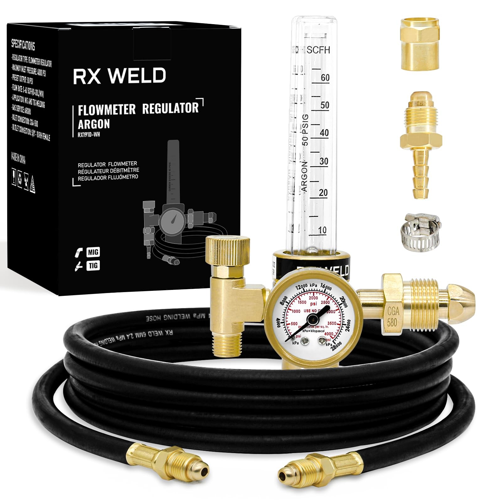 RX WELD Argon Regulator for MIG TIG Weld, CGA580, 6.6FT Hose