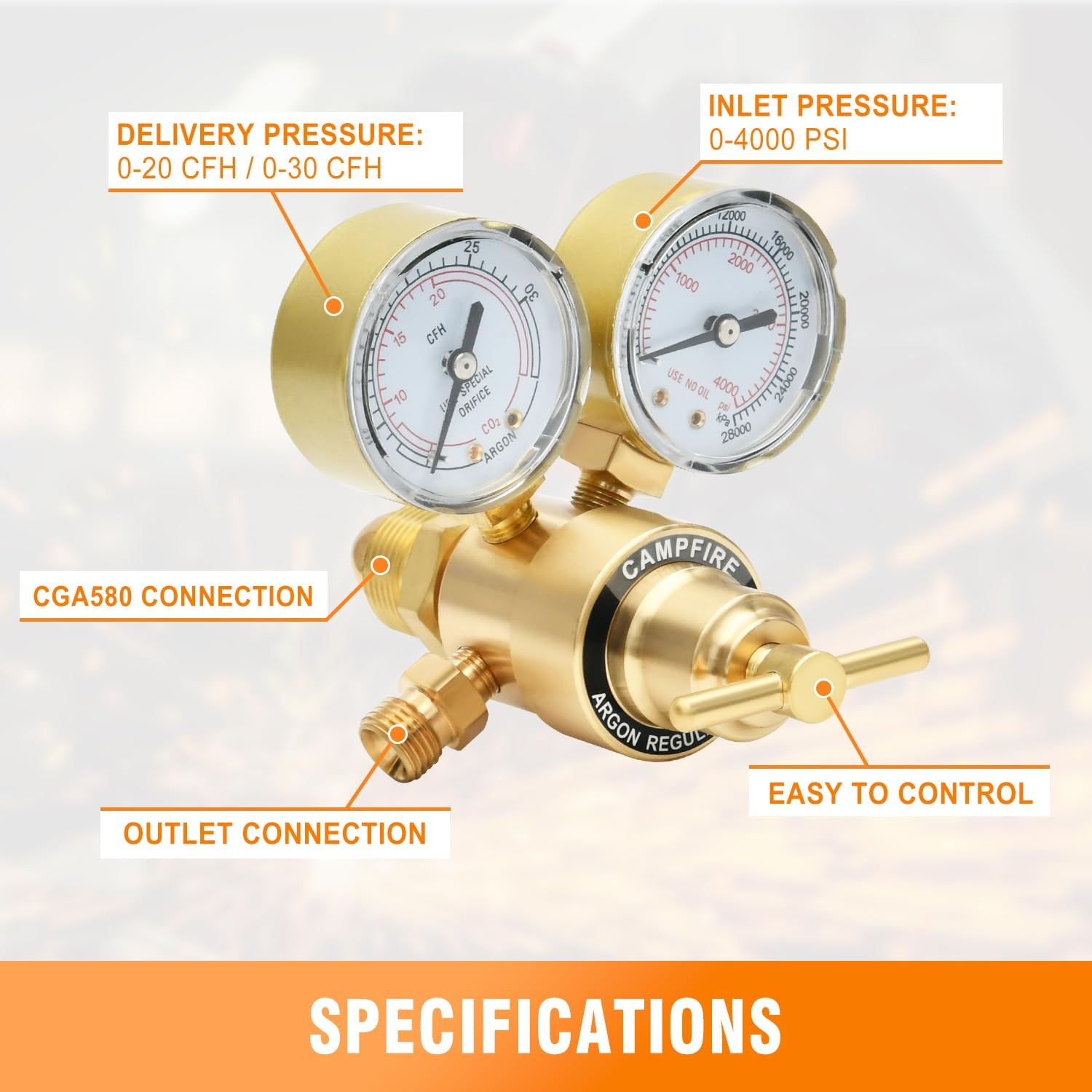 Argon CO2 Regulator with Dual Gauges and 9.8FT Gas Hose CGA580 Inlet 0–4000 P…