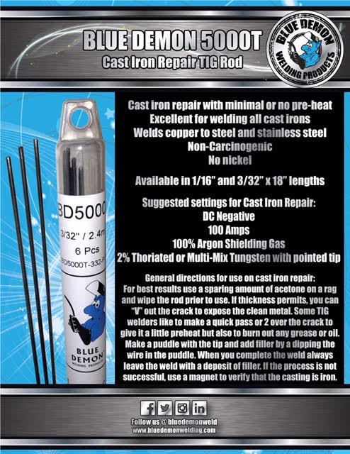 Alloy 5000T 3/32″ TIG Rods for Cast Iron Repair 8 Rods Blue Demon