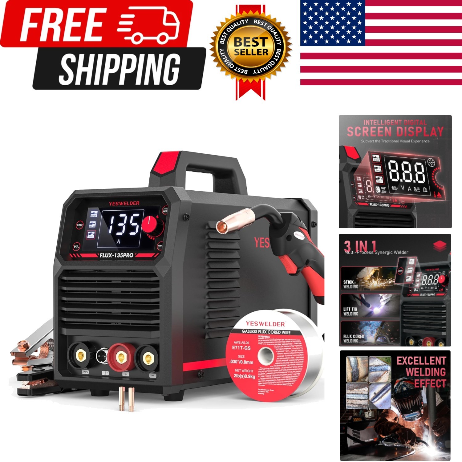135A MIG Welder, 110V Flux Core MIG/Lift TIG/Stick 3-in-1 Large LED Digital D…