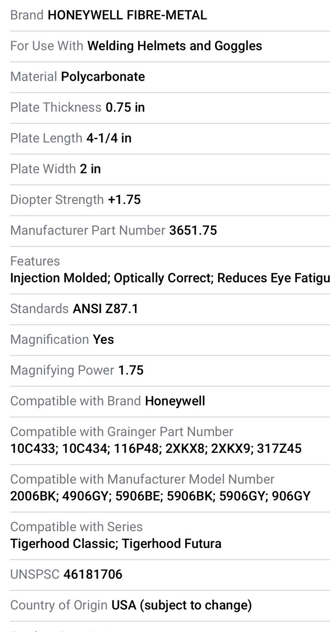 Honeywell 3651.75 Fibre-Metal Polycarbonate Magnifier Plate, For Welding Helmet