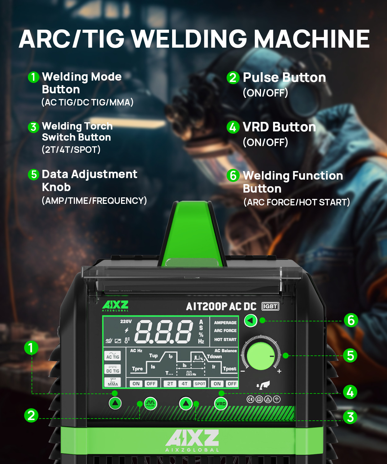 AIXZ 200A Aluminum TIG Welder IGBT AC/DC Pulse HF MMA/Stick Tig Welding Machine