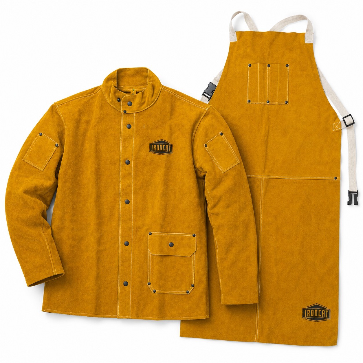 WELDING BUNDLE – NWT – IRONCAT Leather Welding Jacket LG & Bib Apron Brown 42in