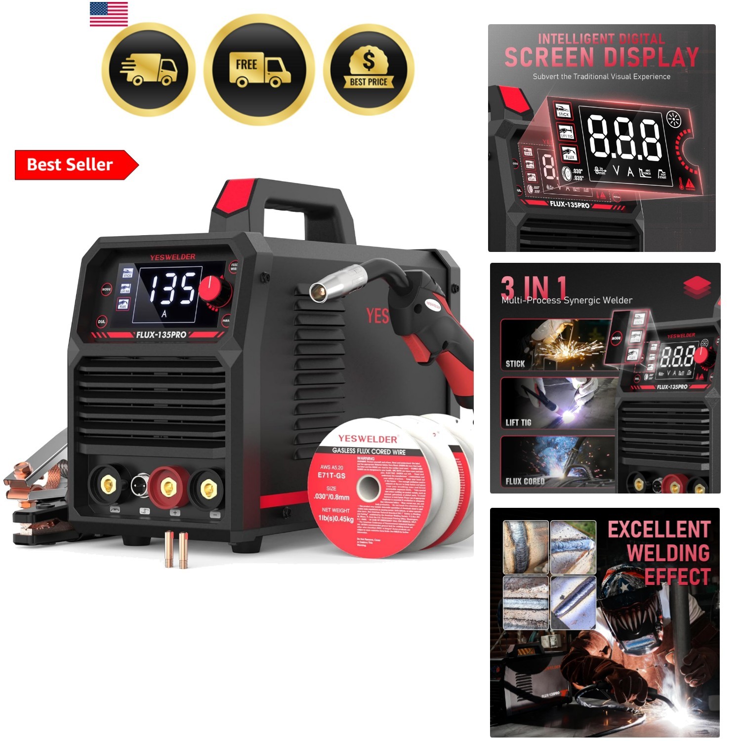 35A MIG Welder, 0V Flux Core Gasless MIG/Lift TIG/Stick 3-in- Synergic Contro…