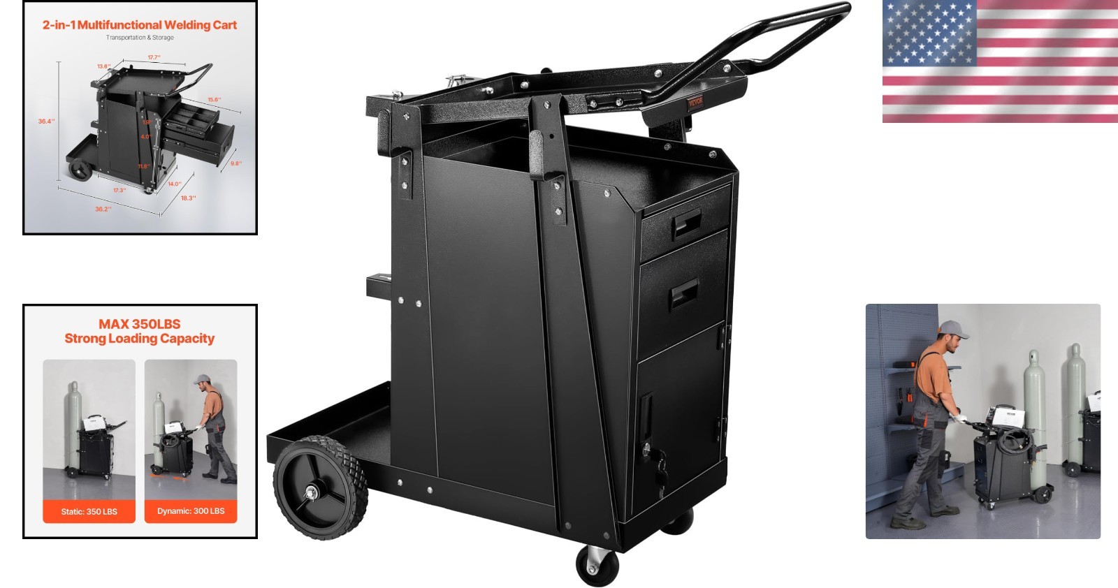Durable 2 Drawer Welding Cart – 360° Swivel Wheels & Tank Safety Chains Included
