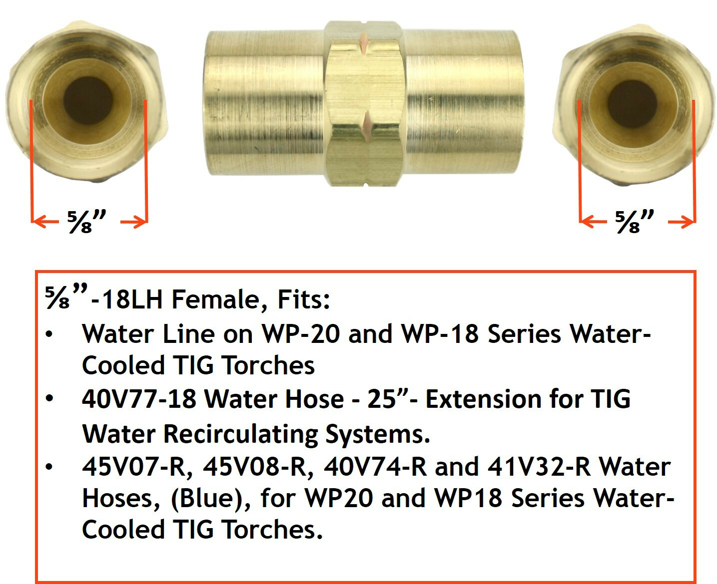 Water Hose Coupler 5/8″ LH Female x 5/8″ LH Female for Water-Cooled TIG Torches