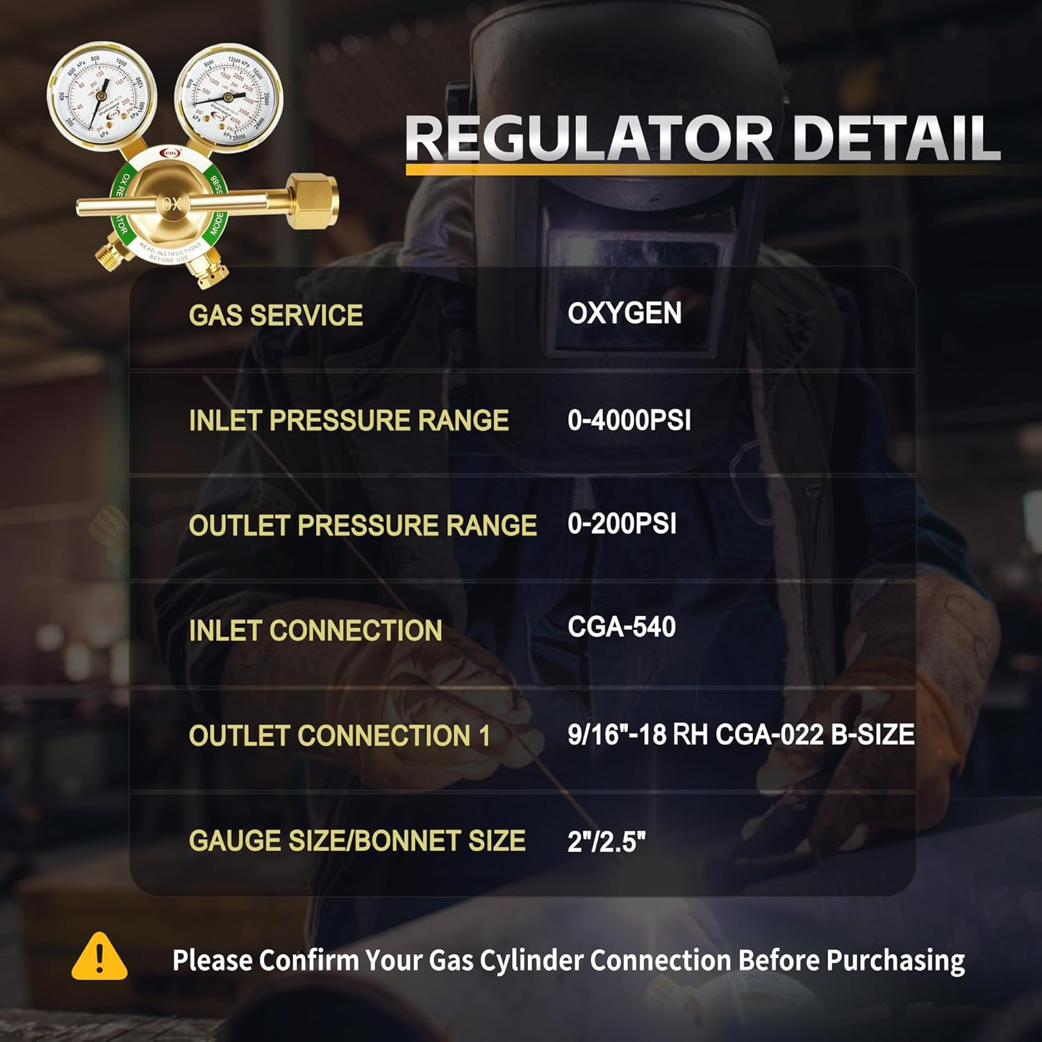 LX65 Medium Duty Oxygen Regulator Cga540,Forged Brass | Large Tank Gauge Cutting
