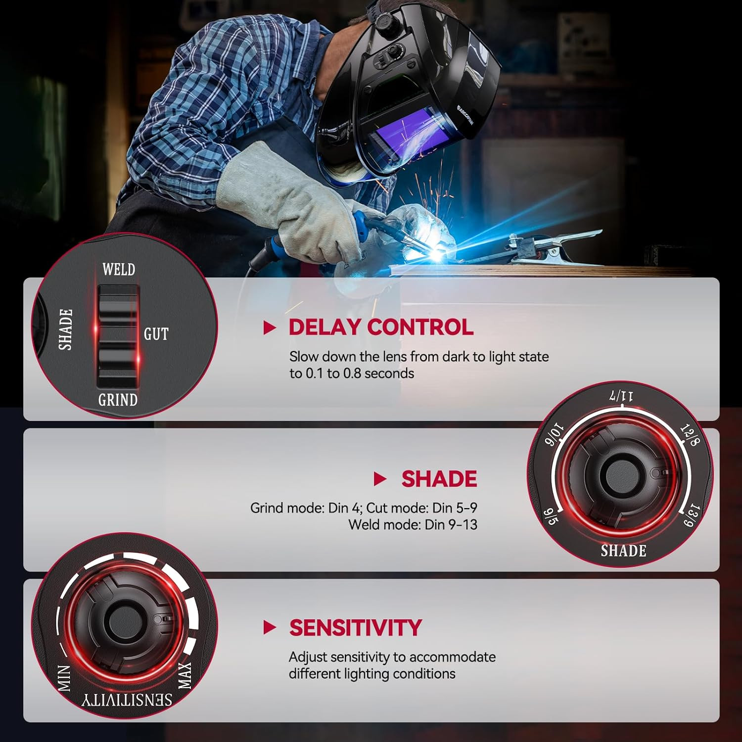 ARCCAPTAIN Welding Helmet Auto Darkening W/ Side View Wide Shade for TIG MIG ARC