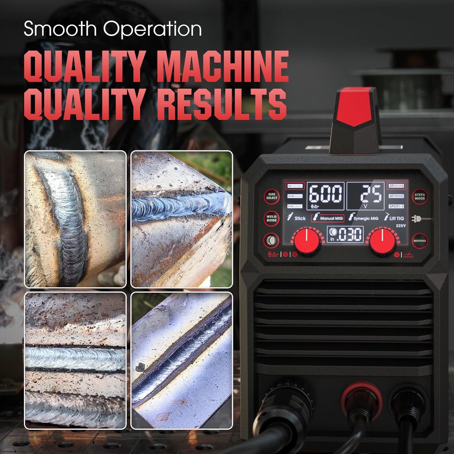 140A 4-in-1 MIG Welder, 110V/220V Dual Voltage, Gas/Flux/Stick/TIG