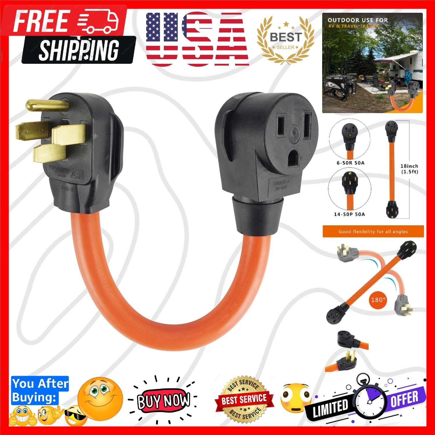 1.5FT NEMA 14-50P to 6-50R Welder Adapter Cord, Heavy Duty 50Amp 250V SJTW 6A…