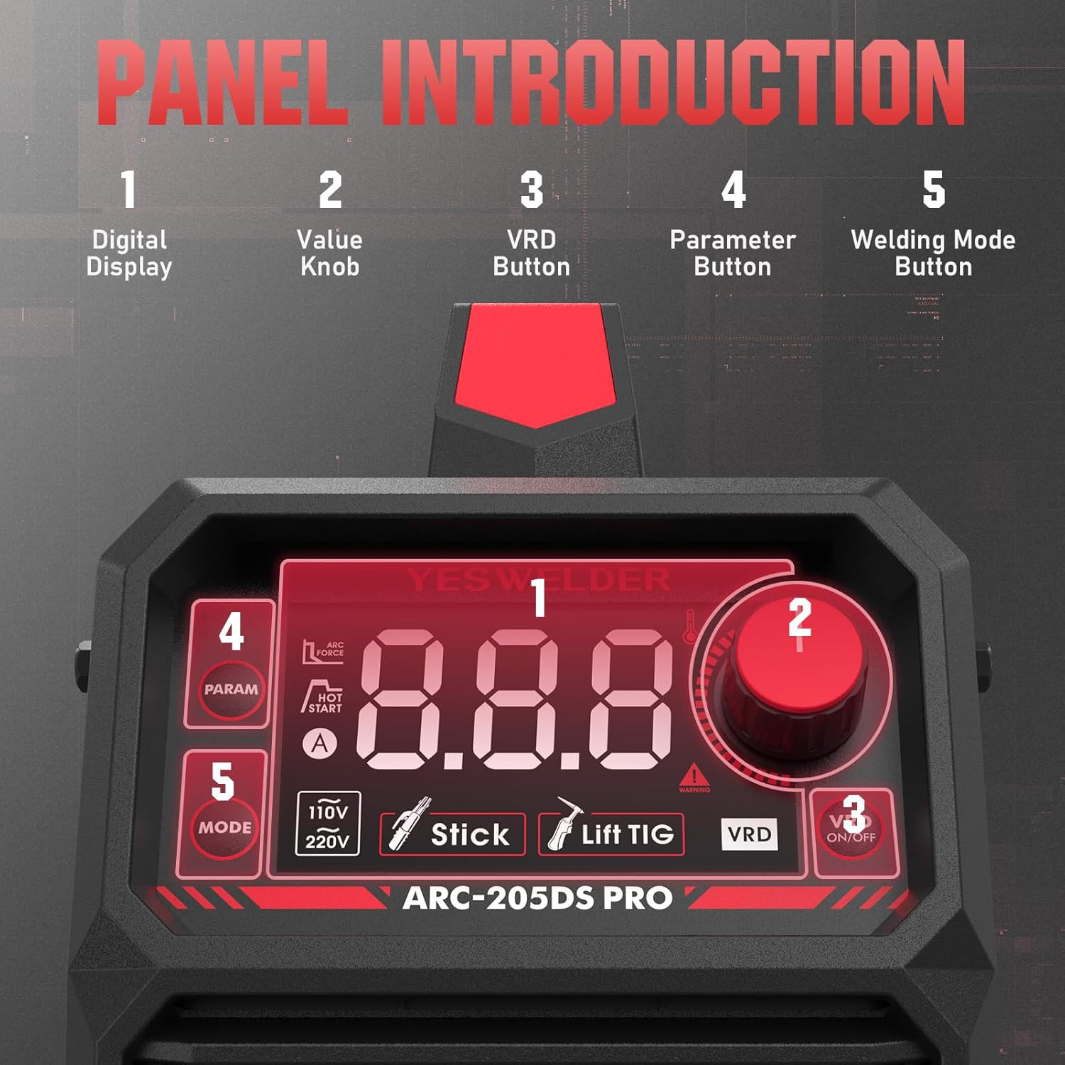 Soldadora de electrodo 205Amp, inversor digital IGBT, doble voltaje 110V/220V.