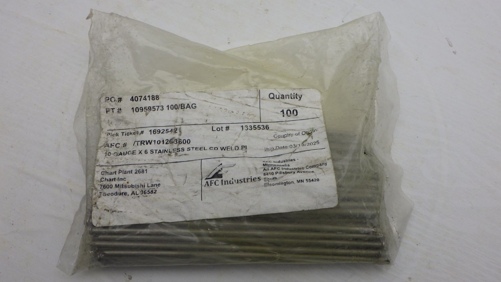 AFC TRW101263600 Weld Pins 10 Gauge x 6″ Stainless Steel CD QTY 100