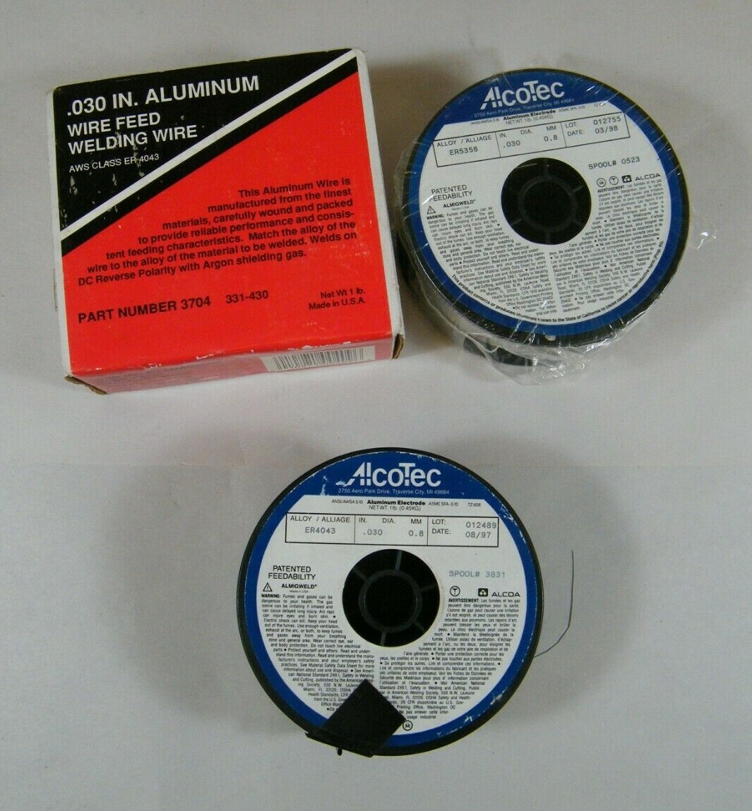 2+ POUNDS OF ALUMINUM WIRE FEED WELDING WIRE, ALCOTEC & UNKNOWN, ER 4043 & 3704