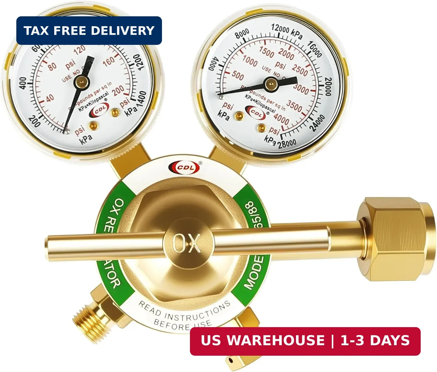 CDL LX65 Medium Duty Oxygen Regulator CGA540,Forged Brass | Large Tank Gauge Cut
