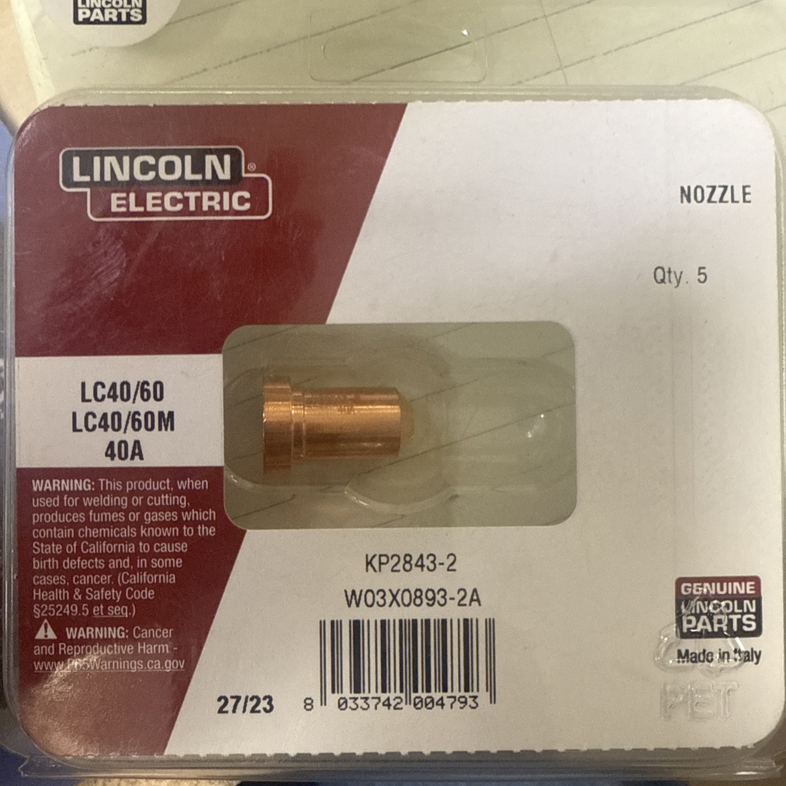 LINCOLN ELECTRIC KP2843-2 PKG/5 PLASMA NOZZLE 40AMP LC40/60