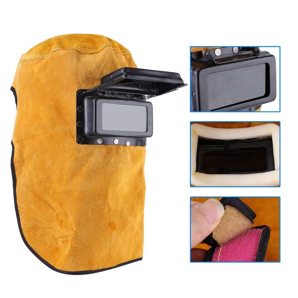 Heat Resistant Leather Welding Hood with Flip-Up Lens & Neck Shield – Adjustable